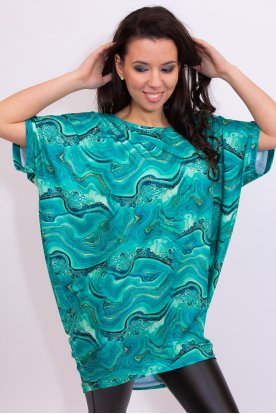 RUCY FASHION Extra nagy méretű divatos rövid ujjú zöld ásvány mintás lezser felső