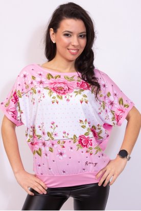 RUCY FASHION Divatos rózsaszín rózsa virágos mintás passzés aljú rövid ujjú női felső