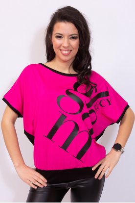 RUCY FASHION Stílusos rövid ujjú pink-fekete nyomott mintával passzés aljú bő szabású női felső