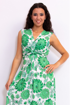 Alkalmi mellrésznél csavart zöld kalocsai mintás hátul megköthető ujjatlan női mini ruha
