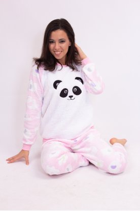 Divatos meleg panda mintás babarózsaszín plüss női pizsama szett