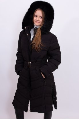 NATURE Női kapucnis divatos hosszított öves téli kabát 2 oldalt cipzáros