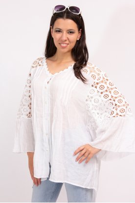Gyönyörű női fehér színű kis virágos horgolt bő szabású háromnegyed ujjas gombos ing
