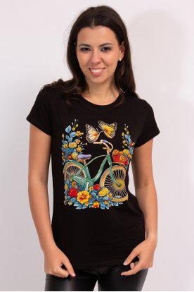 Divatos női rövid ujjú póló elején nyomott kerékpár mintával és strasszkövekkel díszítve