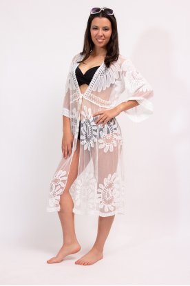 Gyönyörű női fehér színű hálós és horgolt megköthető kimonó