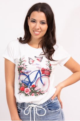 Divatos női rövid ujjú póló elején nyomott kerékpár mintával és strasszkövekkel díszítve