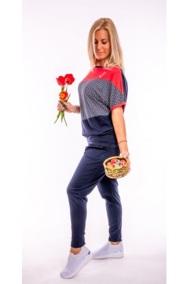 RUCY FASHION Rövid ujjú hosszított denevér felső, piros-pöttyös-sötétkék