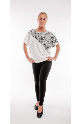 RUCY FASHION Rövid ujjú formázott levél mintás divatos passzés felső fekete-fehér