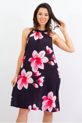 Alkalmi hátul nyakban megköthető orchidea mintás ujjatlan női hidegselyem mini ruha