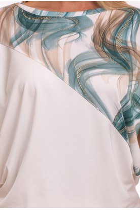RUCY FASHION Extra nagy méret rövid ujjú formázott virág mintás divatos passzés felső zöld-krém-hullám minta
