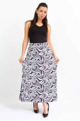 RUCY FASHION Divatos hosszú harang szoknya tropical fekete-fehér levél mintás 