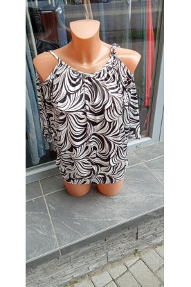 RUCY FASHION Divatos vállán nyitott denevér felső fekete-fehér pálma leveles