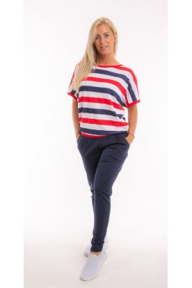 RUCY FASHION Extra nagy méret csíkos rövid ujjú passzés felső /piros-fehér-sötétkék/