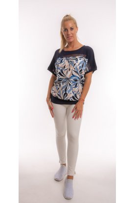 RUCY FASHION Rövid ujjú sötétkék alapon necc betétes levél mintás passzés felső világoskék-drapp-sötétkék