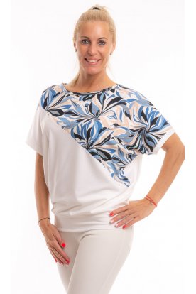 RUCY FASHION Rövid ujjú formázott levél mintás divatos passzés felső világoskék-sötétkék-bézs minta