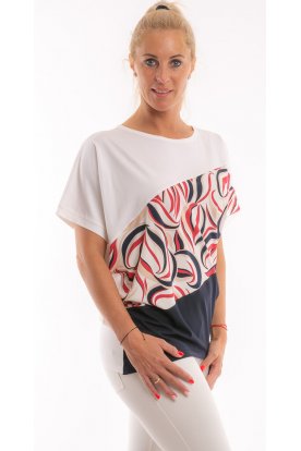 RUCY FASHION Rövid ujjú hosszított denevér felső fehér-piros-kék-bézs levél részletek