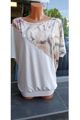 RUCY FASHION Extra nagy méret rövid ujjú formázott virág mintás divatos passzés felső rózsaszín-krém-mocca