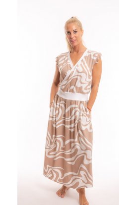 RUCY FASHION Divatos mellrésznél átlapolt absztrakt mintás rövid lepke ujjú női midiruha megkötővel