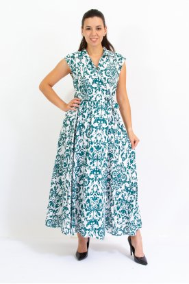 Divatos ujjatlan damask mintás átlapolt midi/ maxi ruha mell alatt megkötővel
