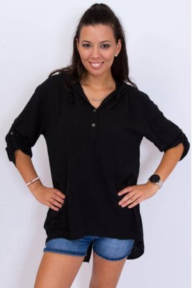 Divatos női háromnegyedes roll up ujjú kapucnis fekete felső