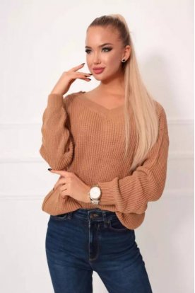 Viktoria Moda Divatos bő szabású V- nyakú gépi kötött pulóver