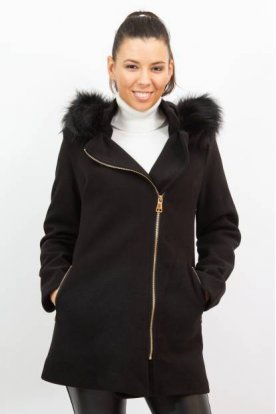 Nagy méretű divatos női karcsúsított szövetkabát fekete szőrmével