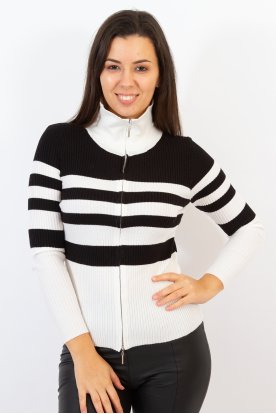 Divatos galléros cipzáros hosszú ujjú gépi kötésű csíkos kardigán