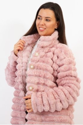 Női divatos hosszú műszőrme kabát bordazott stílusban dekorativ gombokkal