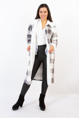 Divatos hosszú kockás bélelt gombos női kabát lehajtható gallérral