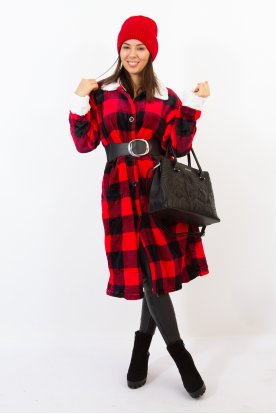 Divatos hosszú kockás bélelt gombos női kabát lehajtható gallérral