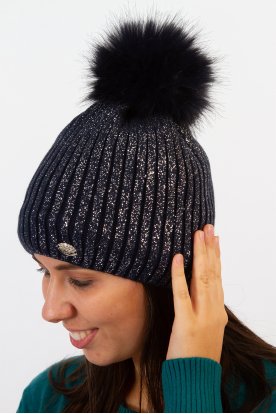 Divatos félig bélelt gépi kötött csillogó szálas téli sapka szőrme pompommal
