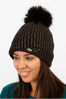 Divatos félig bélelt gépi kötött csillogó szálas téli sapka szőrme pompommal