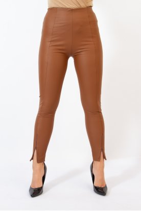 Magas gumis derekú cipzáros hosszú szárú műbőr leggings