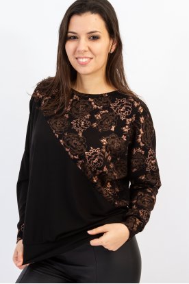 RUCY FASHION Hosszú ujjú formázott divatos passzés felső fekete-bronz vintage minta