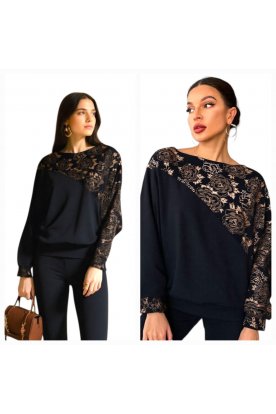 RUCY FASHION Hosszú ujjú formázott divatos passzés felső fekete-bronz vintage minta