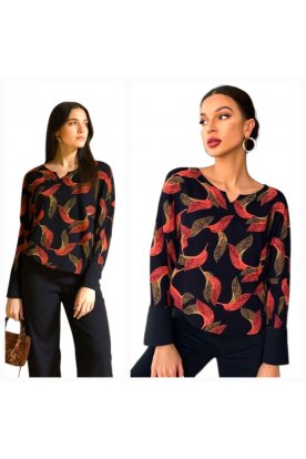 RUCY FASHION Hosszú ujjú laza blúz - fekete alapon piros-arany levél