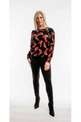 RUCY FASHION Hosszú ujjú női passzés felső piros-arany levél mintával