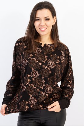 RUCY FASHION Hosszú ujjú laza blúz - fekete alapon arany rózsa