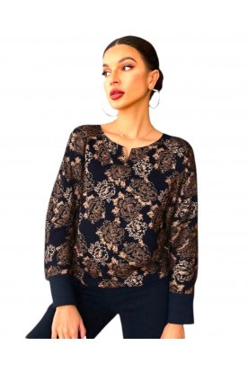 RUCY FASHION Hosszú ujjú laza blúz - fekete alapon arany rózsa