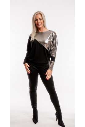 RUCY FASHION Hosszú ujjú formázott divatos passzés felső fekete-ezüst