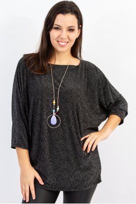 Divatos láncos bőfazonú anyagában csillagós denevér és 3/4 ujjas női alkalmi felső