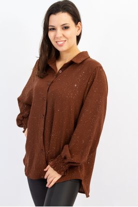 Fényes glitteres, elegáns gombos női blúz gumis mandzsettával-ünnepi viselet