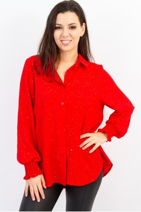 Fényes glitteres, elegáns gombos női blúz gumis mandzsettával-ünnepi viselet