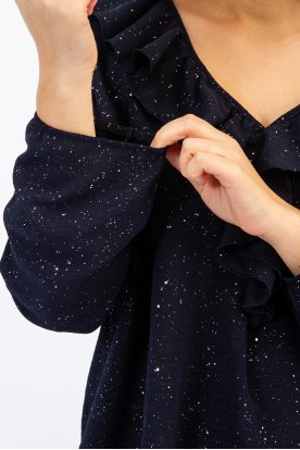 Fényes glitteres, V-nyakú fodros női felső -gumis ujjú, csillámos anyagból