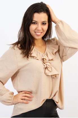 Fényes glitteres, V-nyakú fodros női felső -gumis ujjú, csillámos anyagból