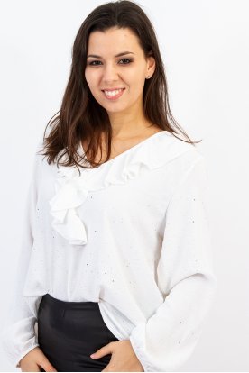 Fényes glitteres, V-nyakú fodros női felső -gumis ujjú, csillámos anyagból