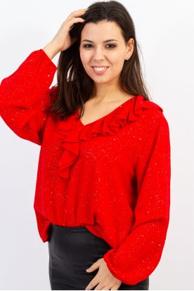 Fényes glitteres, V-nyakú fodros női felső -gumis ujjú, csillámos anyagból