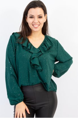 Fényes glitteres, V-nyakú fodros női felső -gumis ujjú, csillámos anyagból