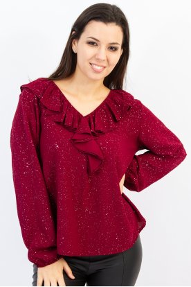 Fényes glitteres, V-nyakú fodros női felső -gumis ujjú, csillámos anyagból