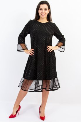 Csillámos pöttyös anyagú, átlátszó tüll ujjú és fodros tüll aljú alkalmi A-vonalú ruha